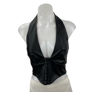 Fashion Nova Nemy Women's Black Faux Vegan Leather Corset Crop Halter Tank Top M